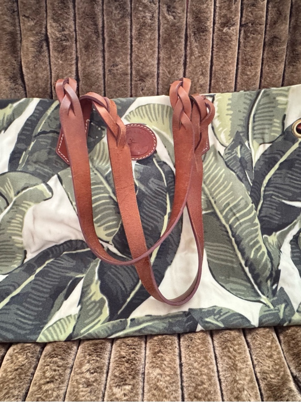 Dooney & Bourke Green Leaf Canvas Tote with Brown Leather Straps